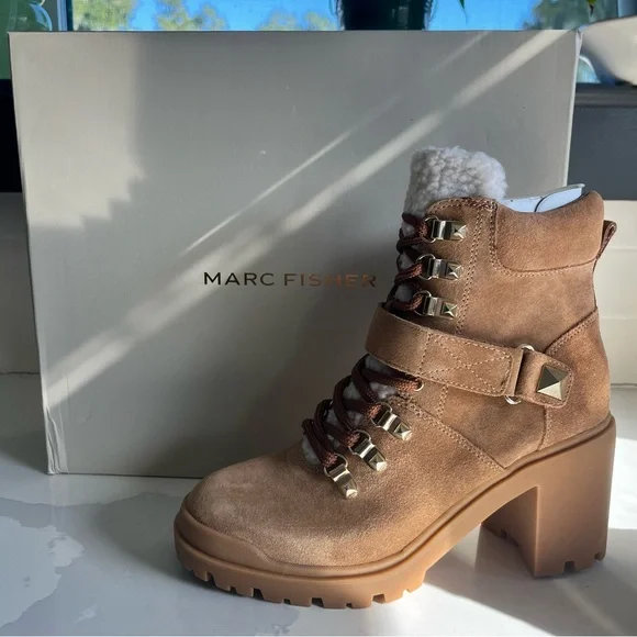 Marc Fisher Nature Suede Sherpa Trim Lug Sole Hiker Booties Sz 7.5 Med BNWB - Picture 6 of 15